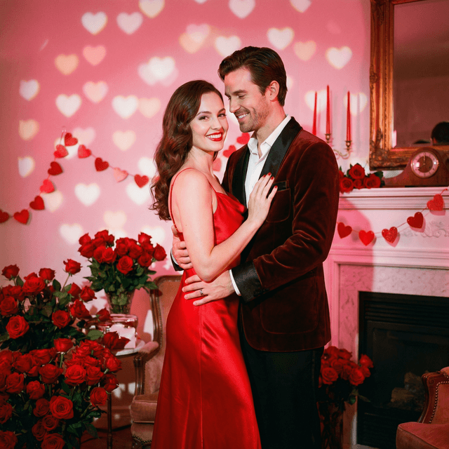 Valentine's Day romantic portrait, couple in elegant attire, surrounded by red roses and heart decorations, soft pink and red lighting, bokeh hearts in background, warm loving atmosphere