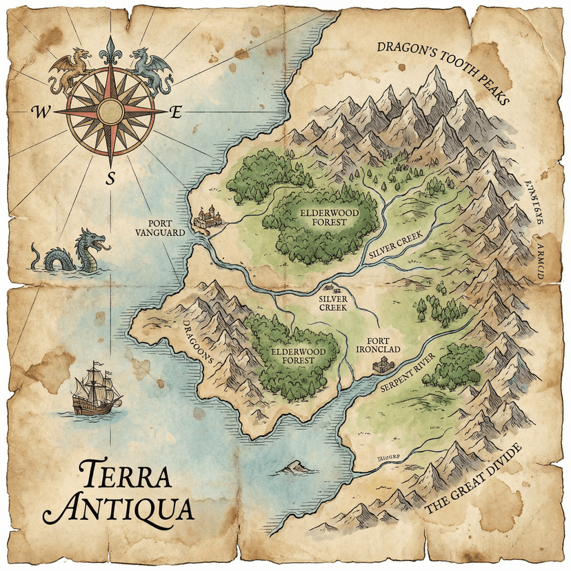 Detailed illustrated map design, cartographic style, labeled locations, decorative compass rose, terrain details with mountains and rivers, vintage parchment aesthetic
