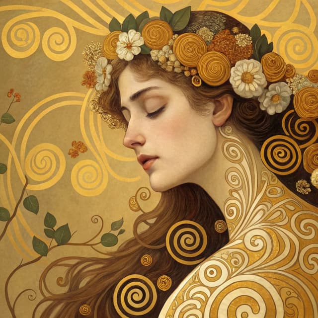 A portrait in Klimt style with soft light and atmospheric effects