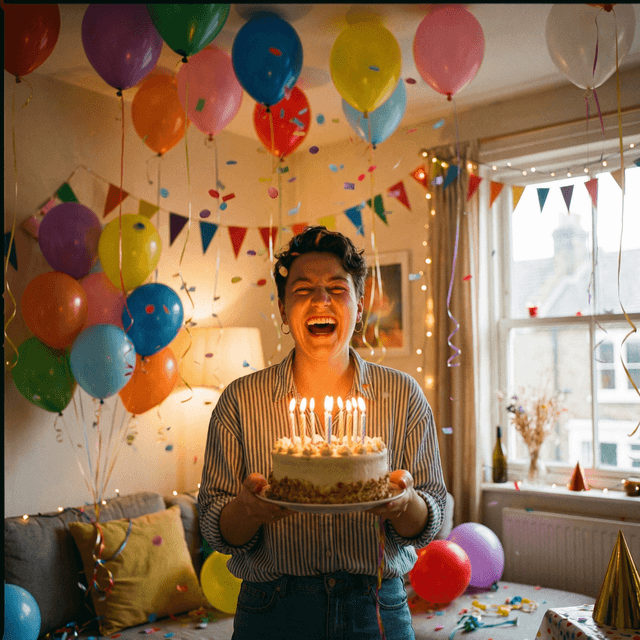 Fun birthday celebration portrait, colorful balloons and confetti, birthday cake with candles, festive party decorations, joyful expression, warm party lighting