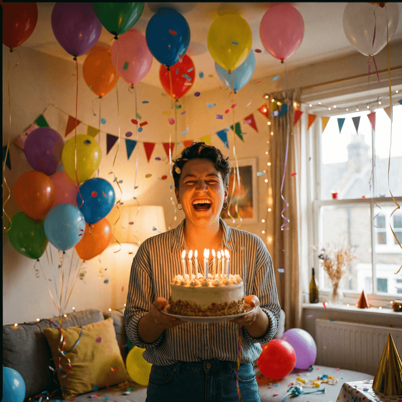 Fun birthday celebration portrait, colorful balloons and confetti, birthday cake with candles, festive party decorations, joyful expression, warm party lighting