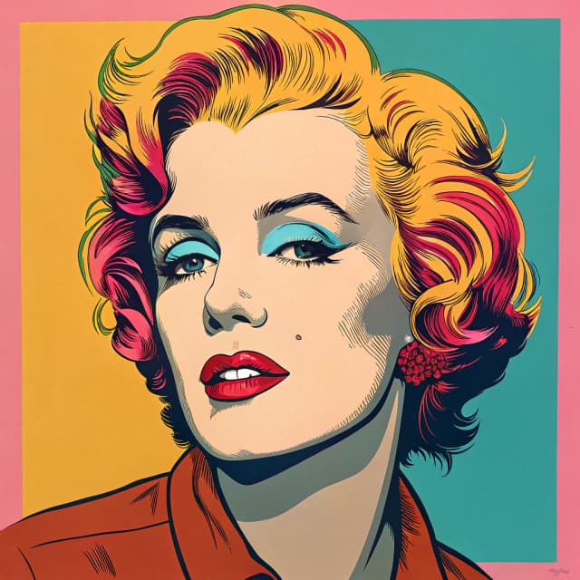 Pop art style portrait of a woman with bright yellow hair and red lips, Ben-Day dots, bold outlines, vibrant colors, comic book aesthetic.