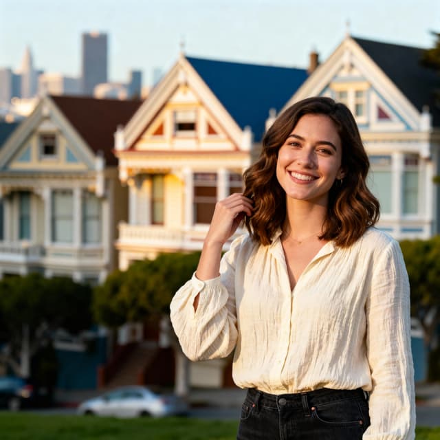 professional dating profile photo, person with genuine smile, well-lit outdoor setting with natural background, casual stylish outfit, confident approachable expression, soft natural lighting