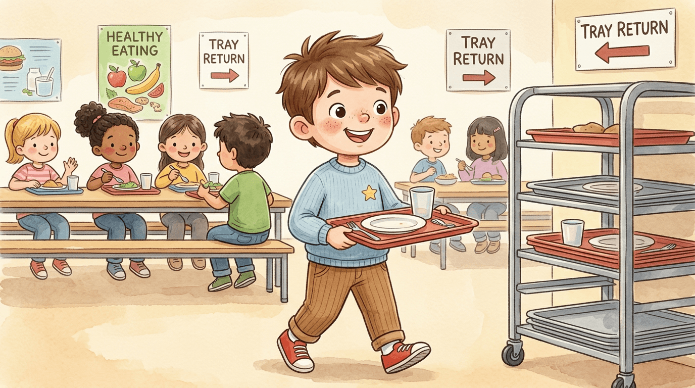 When David is finished, he carefully carries his tray to the bin. He is a great helper.