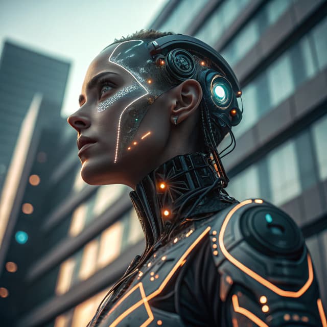 Futuristic cyborg portrait with glowing cybernetic enhancements and sleek metallic elements
