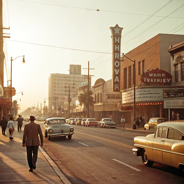 Vintage analog photograph of a street scene with film grain, warm tones, and subtle light leaks