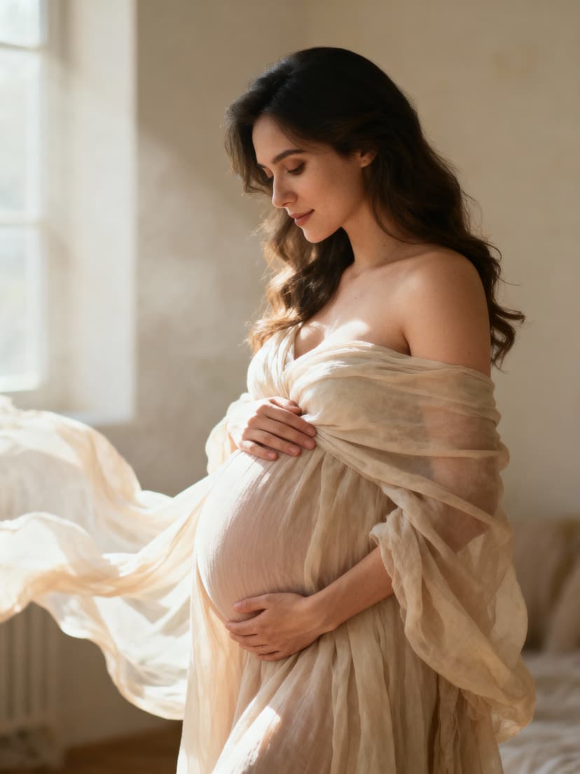 Professional maternity photography with soft natural lighting, elegant composition celebrating pregnancy, tender and intimate portrait style, beautiful expectant mother with flowing fabrics and gentle poses, warm and peaceful atmosphere