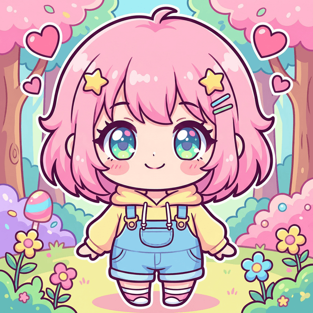 Cute chibi character design, oversized head with big sparkly eyes, tiny body, adorable proportions, bright colors, kawaii anime style, clean linework