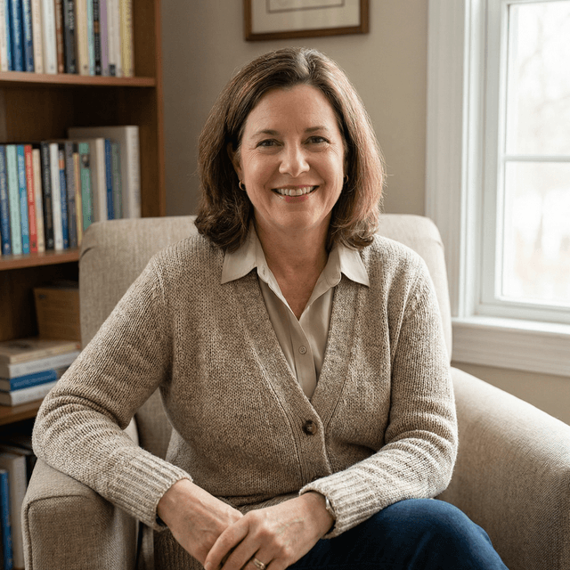 Professional therapist headshot with warm, approachable expression