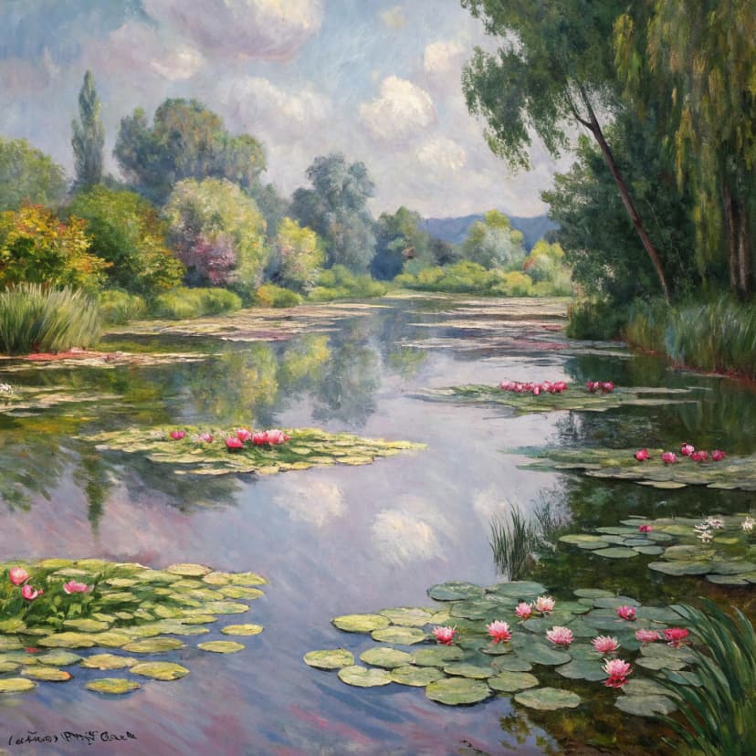 A water lily pond in Monet style with impressionist brushwork and light effects