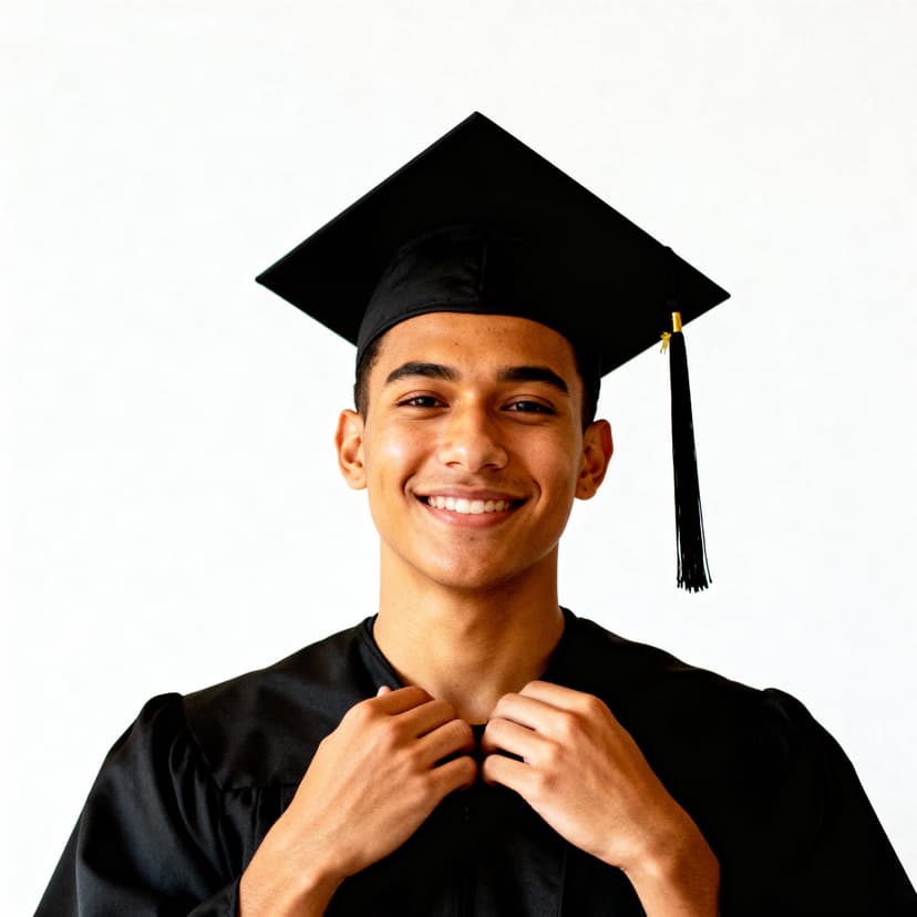 Proud graduate in cap and gown, holding a diploma, with a beaming smile against a university backdrop
