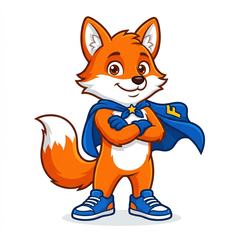 An adorable friendly fox mascot character standing in a confident hero pose with arms crossed, wearing a small blue cape and sneakers, bright orange fur with a white chest, big expressive eyes and a cheerful smile, clean vector illustration style, solid white background, full body character design, perfect for logo and branding, vibrant flat colors, high detail cartoon style, professional mascot design sheet