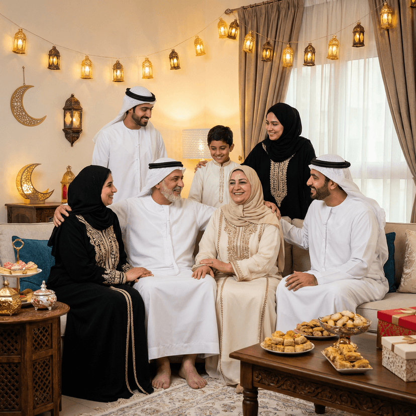 Beautiful Eid celebration portrait, elegant traditional attire, festive decorations with lanterns and crescent moon, warm lighting, joyful celebration atmosphere