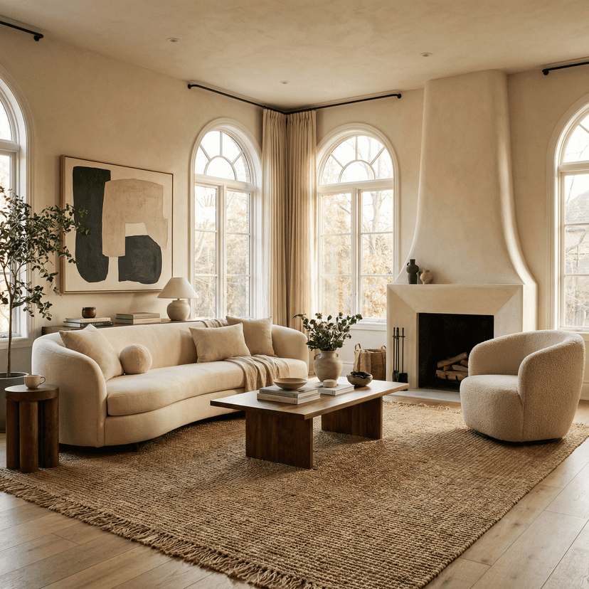 Beautiful modern room interior design, stylish furniture arrangement, warm natural lighting, cozy atmosphere, professional interior photography, high-end decor