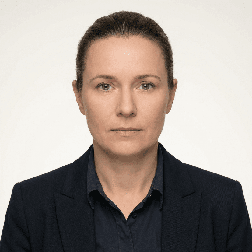 Professional passport photo, white background, neutral expression, even studio lighting, head and shoulders framing, formal appearance, high resolution, ID photo compliant