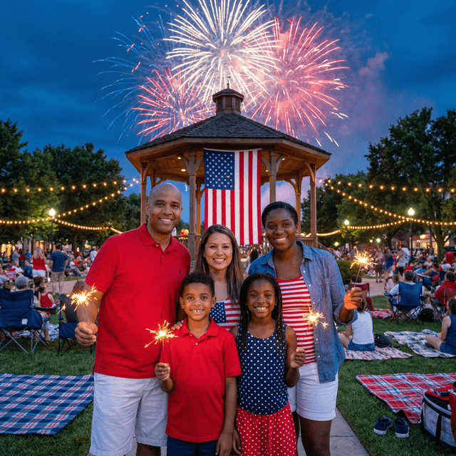 Patriotic 4th of July portrait, red white and blue colors, American flag backdrop, fireworks in background, festive celebration atmosphere, summer outdoor setting