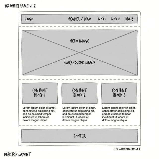 Clean wireframe UI design, gray boxes and lines on white background, website layout mockup, placeholder text and images, minimal design system, professional UX wireframe