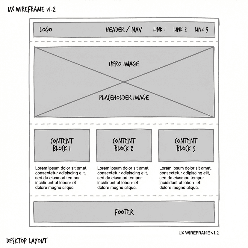 Clean wireframe UI design, gray boxes and lines on white background, website layout mockup, placeholder text and images, minimal design system, professional UX wireframe