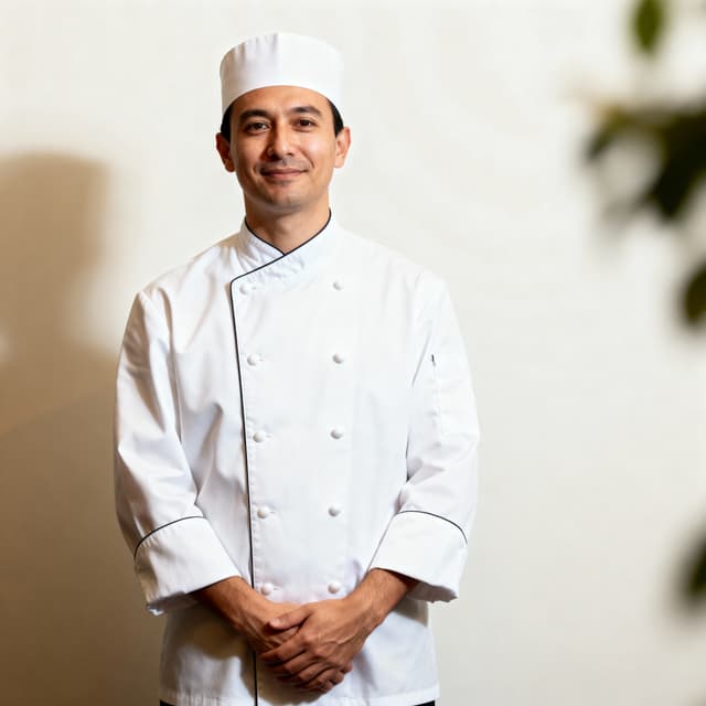Professional chef headshot in chef whites with confident culinary expertise