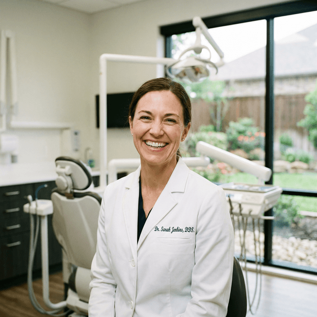 Dentist headshot with friendly smile in white coat and professional dental setting