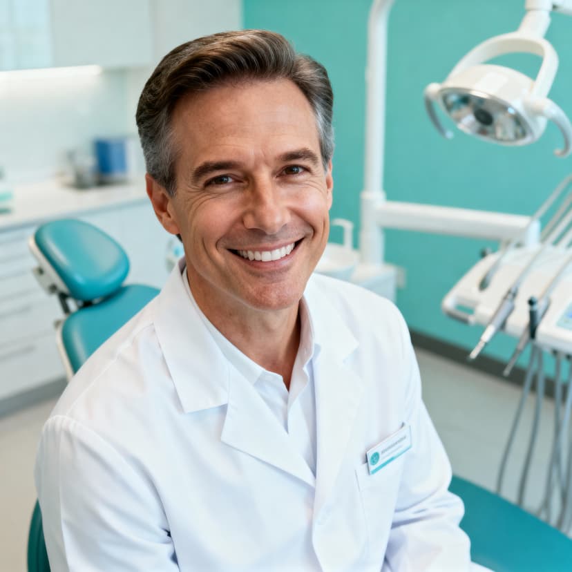 Dentist headshot with friendly smile in white coat and professional dental setting
