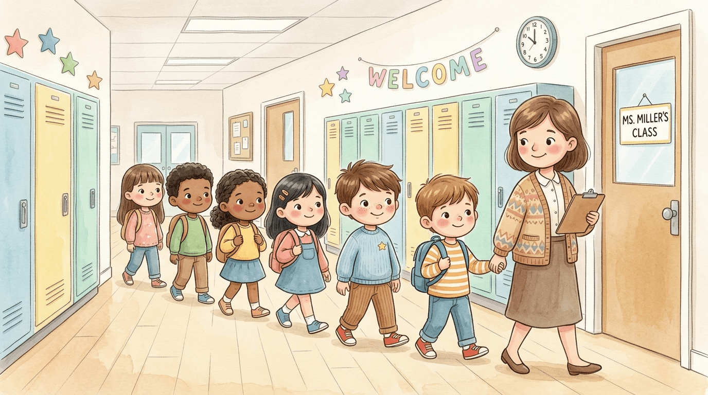 When it is lunchtime, David walks in a quiet line with his teacher and friends.