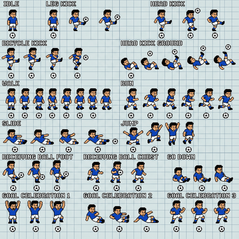 Football Game sprite sheet with animation frames and character poses