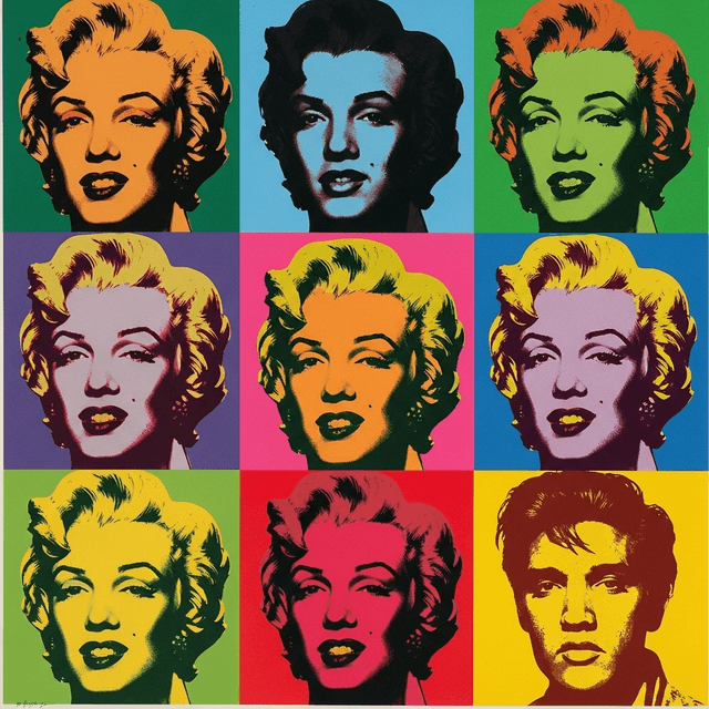 A pop art portrait in Warhol style with bright colors and repeated patterns