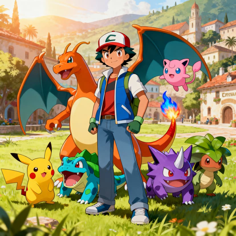 Pokemon-style creature design with vibrant colors and distinctive features, anime-inspired aesthetic with cute or powerful appearance, clean character design with recognizable silhouette, fantasy creature with elemental or thematic visual traits