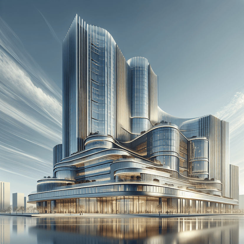 Architectural visualization with modern or classical building design, detailed structural rendering with materials and spatial composition, professional architectural concept showcasing form and function, photorealistic or artistic architectural illustration