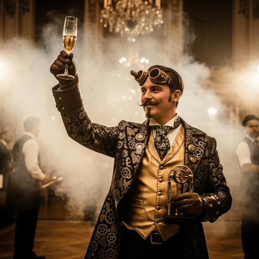 Detailed steampunk illustration of a brass and copper airship with gears, valves, and steam engines flying through cloudy Victorian-era skies