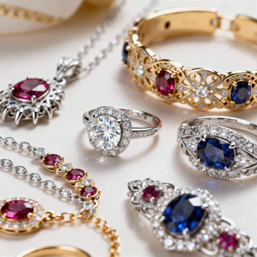 Exquisite jewelry design with precious gemstones and fine metalwork, luxury accessory visualization with intricate details and brilliant sparkle, professional product photography quality showcasing craftsmanship, elegant rings, necklaces or bracelets with premium aesthetic