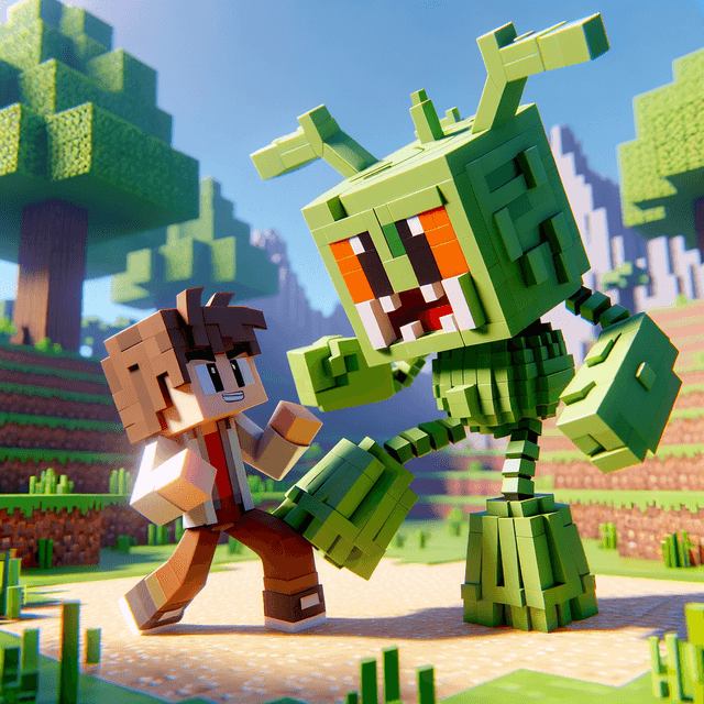 Minecraft blocky voxel art style with cube-based construction, pixelated low-poly game aesthetic with signature block textures, procedurally generated world visualization with recognizable Minecraft elements, nostalgic sandbox game design perfect for gaming enthusiasts