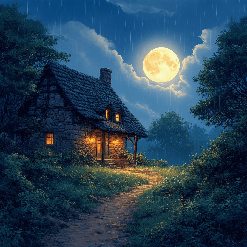 Whimsical countryside landscape with a small cottage, floating islands, and magical creatures in Studio Ghibli style