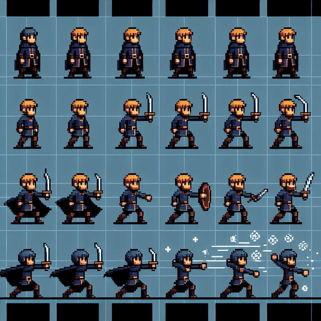 Game sprite sheet with animation frames and character poses, pixel art or 2D game asset collection showing movement cycles, organized sprite layout for game development, retro gaming graphics perfect for indie games and platformers