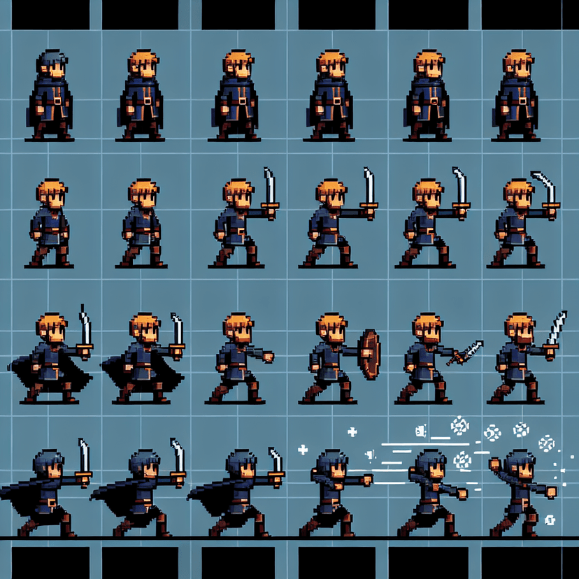 Game sprite sheet with animation frames and character poses, pixel art or 2D game asset collection showing movement cycles, organized sprite layout for game development, retro gaming graphics perfect for indie games and platformers