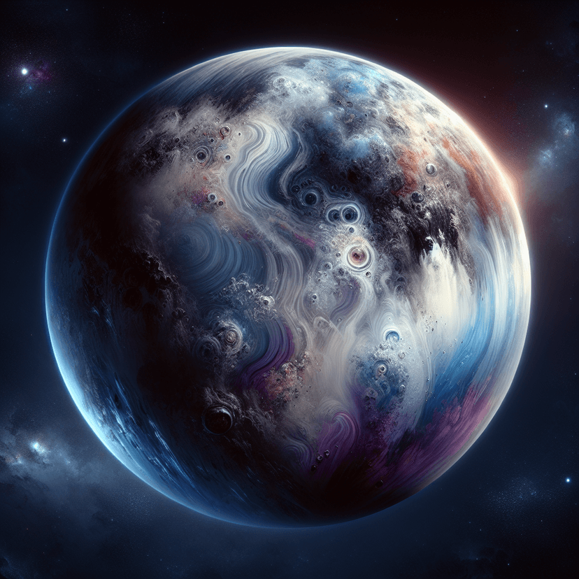 A ringed gas giant planet with swirling storms and vibrant colors, viewed from space
