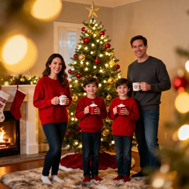 Cozy family Christmas photo in front of a decorated tree with twinkling lights