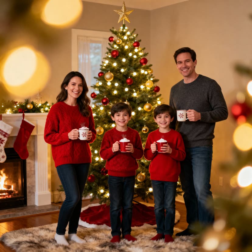 Cozy family Christmas photo in front of a decorated tree with twinkling lights