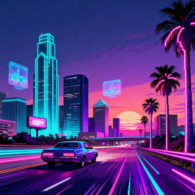 Retro-futuristic synthwave landscape with neon grid horizon, chrome text, and purple sunset