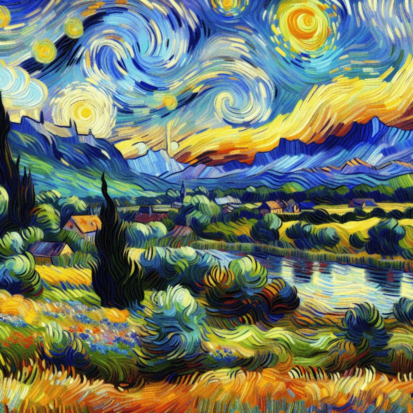 A starry night landscape in the style of Van Gogh with swirling clouds and cypress trees