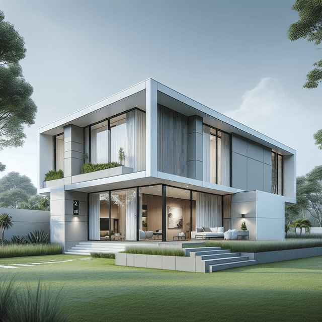 Modern luxury home exterior with clean lines, large windows, and elegant landscaping