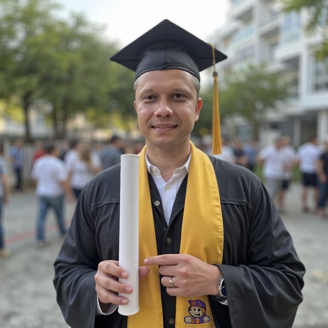 Proud graduate in cap and gown, holding a diploma, with a beaming smile against a university backdrop