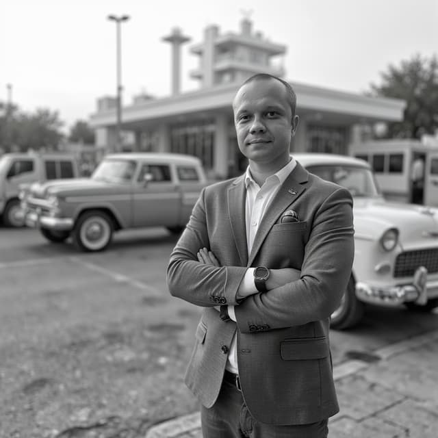 Black and white photograph of a 1950s diner with classic cars parked outside