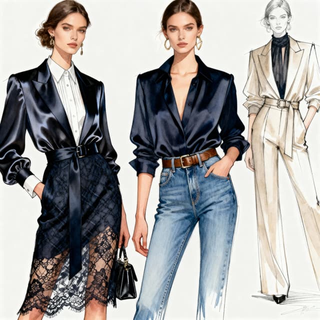 Fashion design illustration with detailed garment concepts, runway-ready clothing sketches with fabric details and styling, haute couture or ready-to-wear fashion visualization, professional fashion illustration suitable for lookbooks and collections