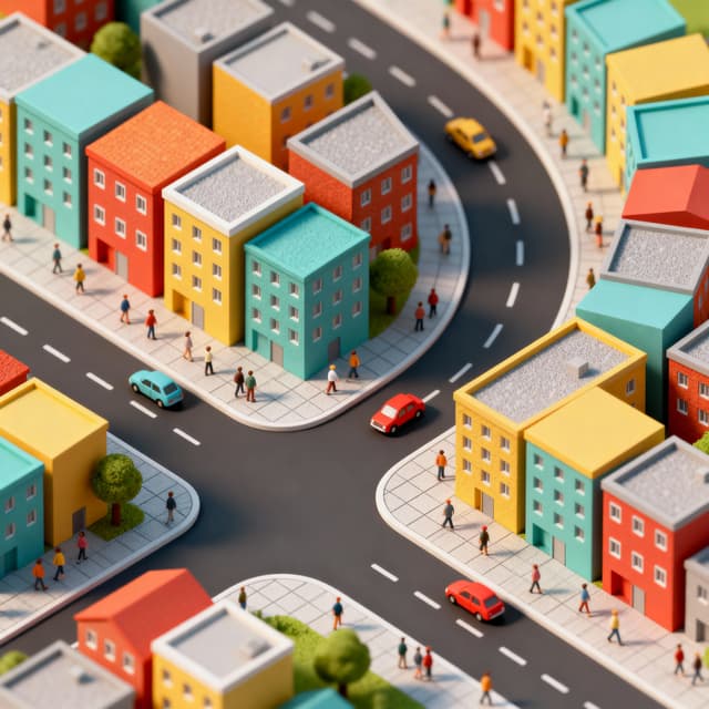 Colorful isometric cityscape with tiny buildings, vehicles, and people in a geometric 3D perspective