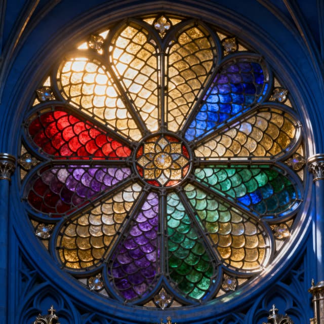 A vibrant stained glass window with geometric patterns and jewel tones