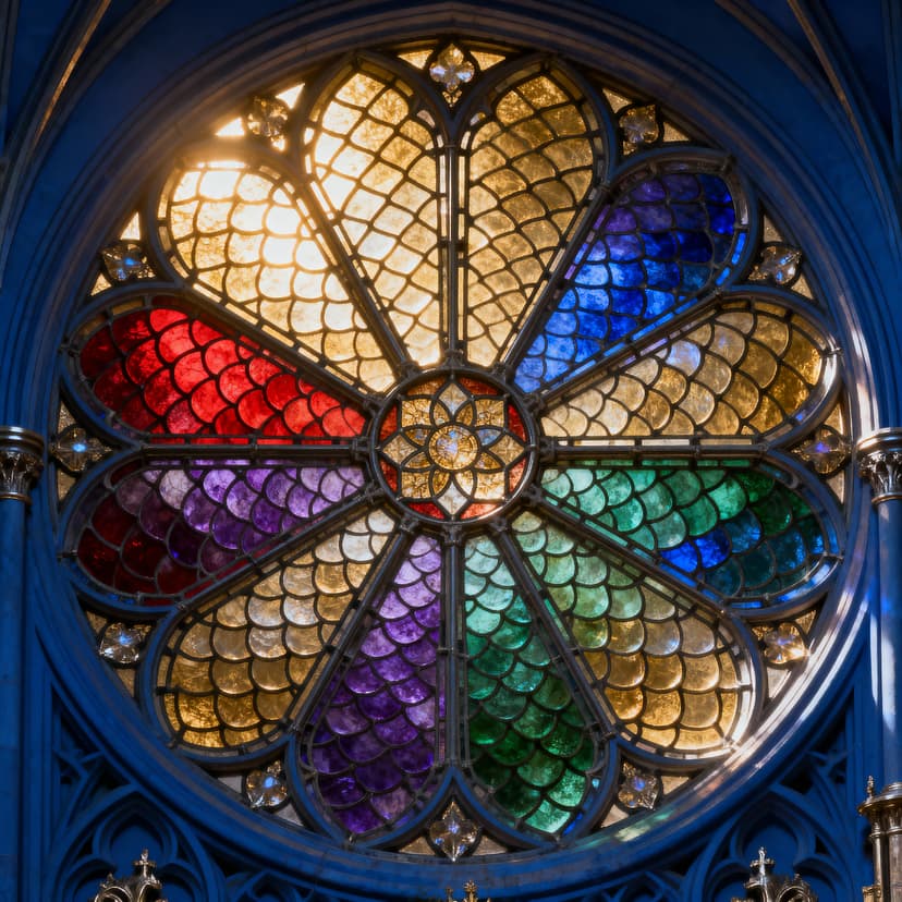 A vibrant stained glass window with geometric patterns and jewel tones