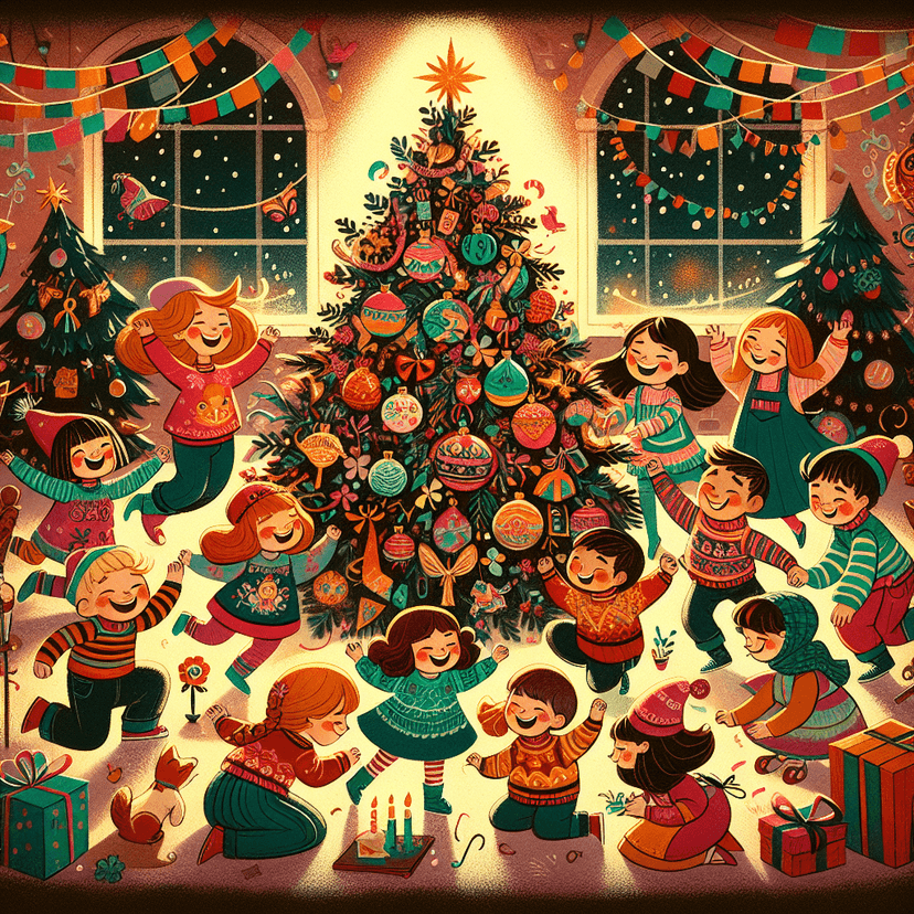 Cozy family Christmas photo in front of a decorated tree with twinkling lights