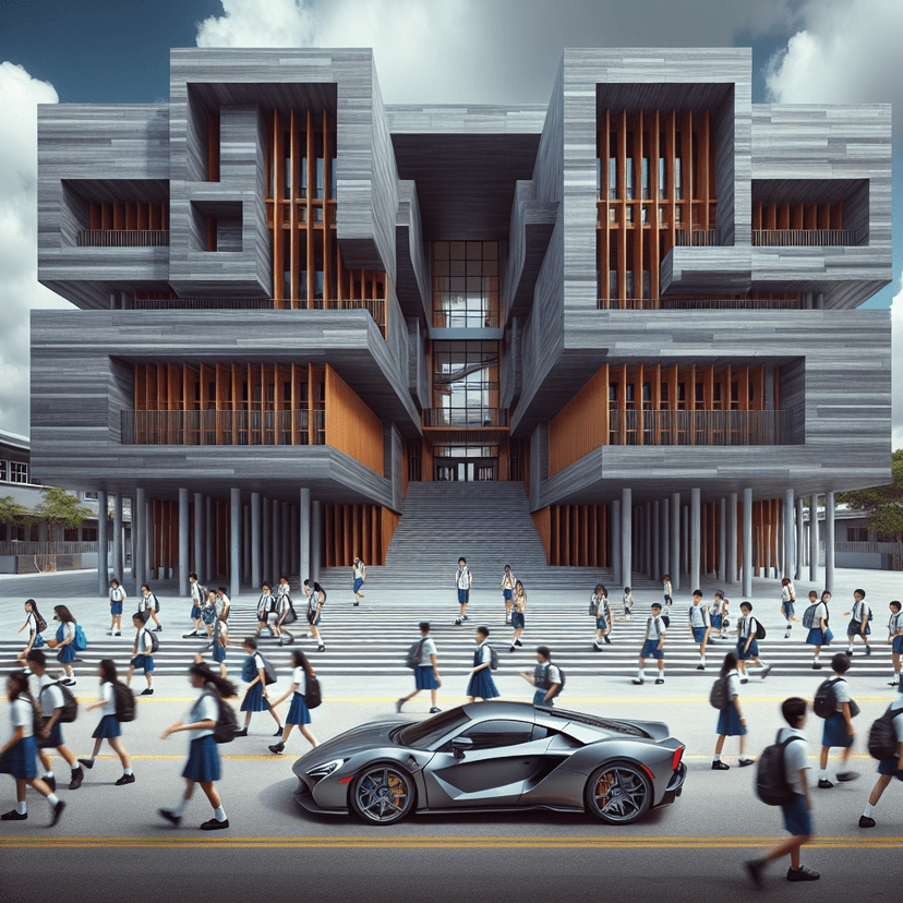 Architectural visualization with modern or classical building design, detailed structural rendering with materials and spatial composition, professional architectural concept showcasing form and function, photorealistic or artistic architectural illustration